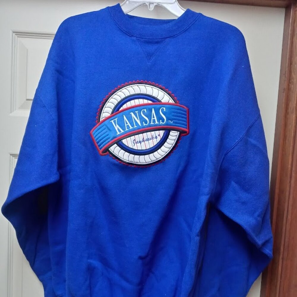 Vintage Kansas Jayhawks Midwest Embroidery Crewneck Sweatshirt Blue XL RARE